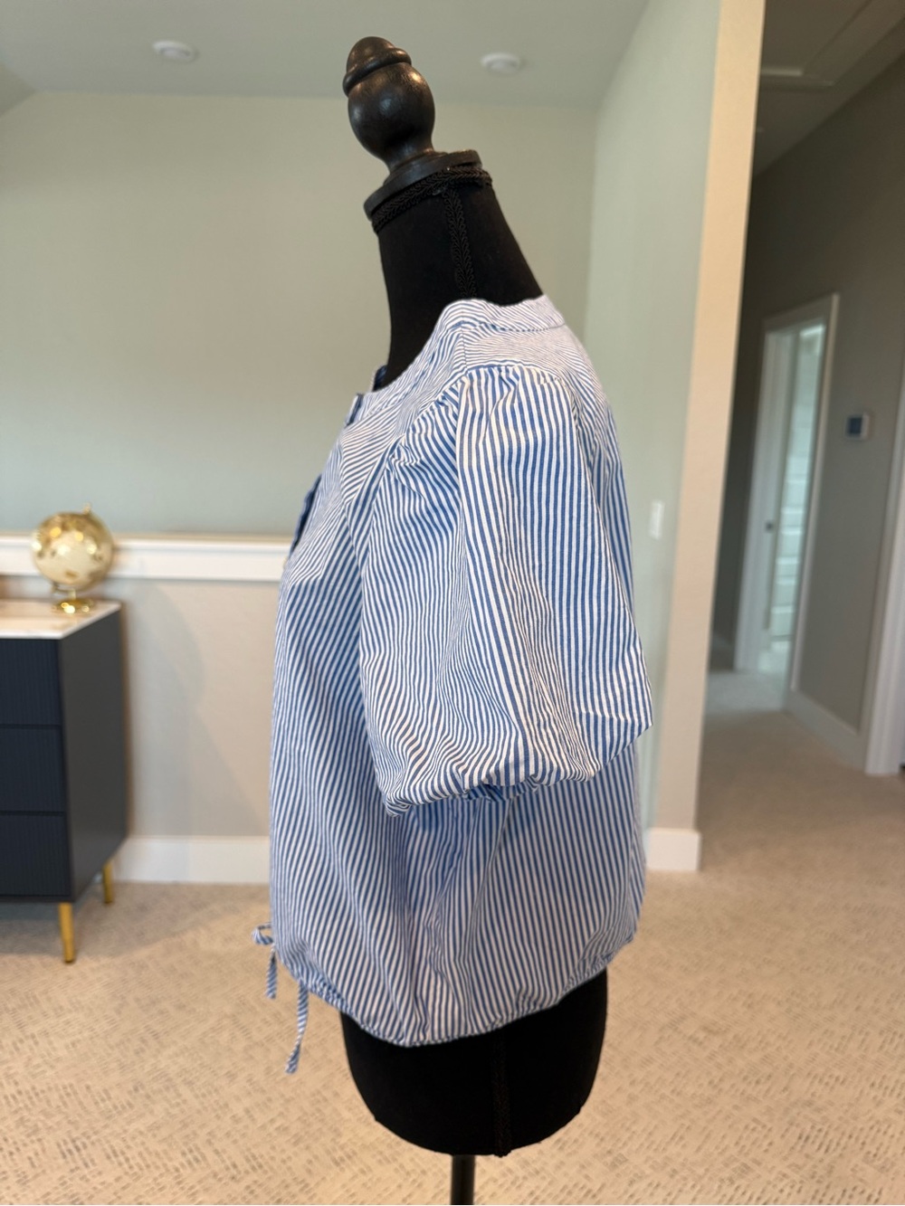 J. Crew Blue and White Striped Puff-Sleeve Button-Front Top - Picture 4 of 9
